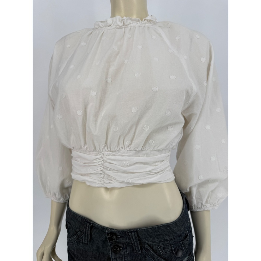 Maeve Anthropologie White Swiss Dot Ruffle Neck Puff Sleeve Crop Top Blouse 0